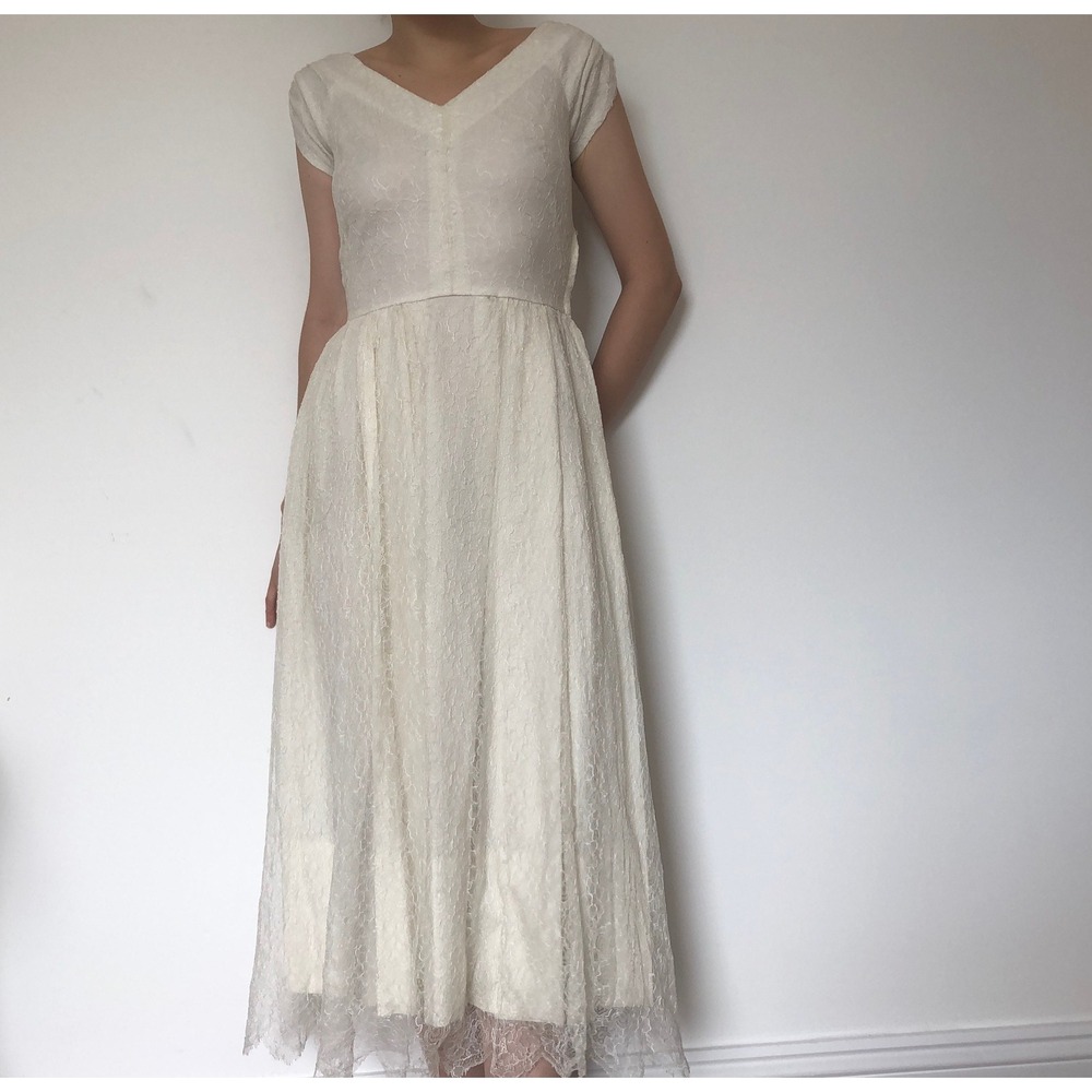 Handmade Wedding Dress Women Small Ivory Excellent 1930s Silk Lace Antique Gown